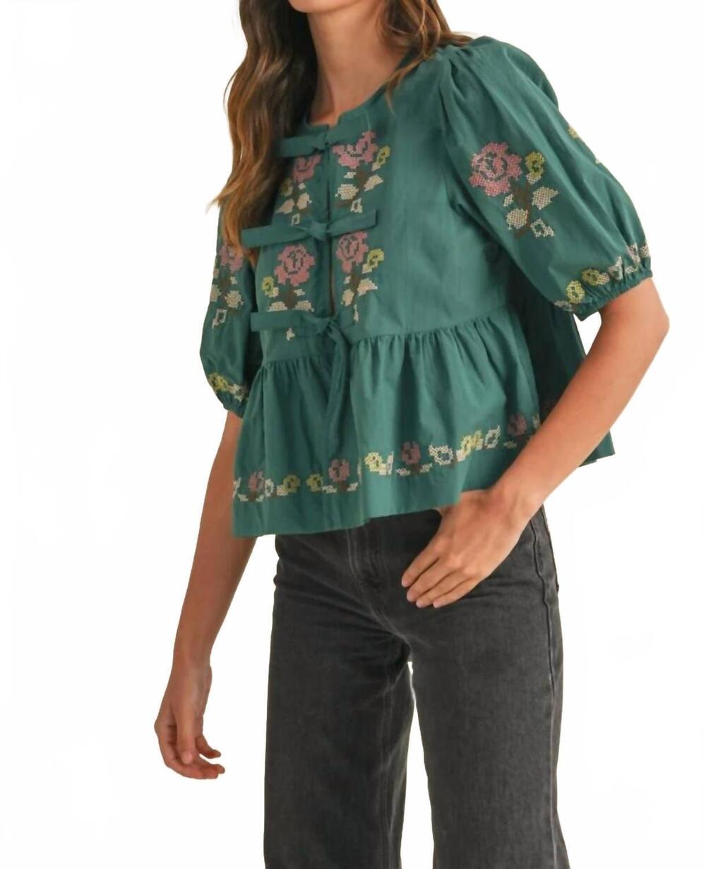 NEW MABLE abby floral puff sleeve blouse in hunter green - Picture 3 of 6